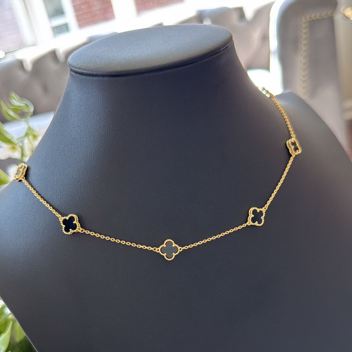 10 Clovers Gold Plated Necklace In Black