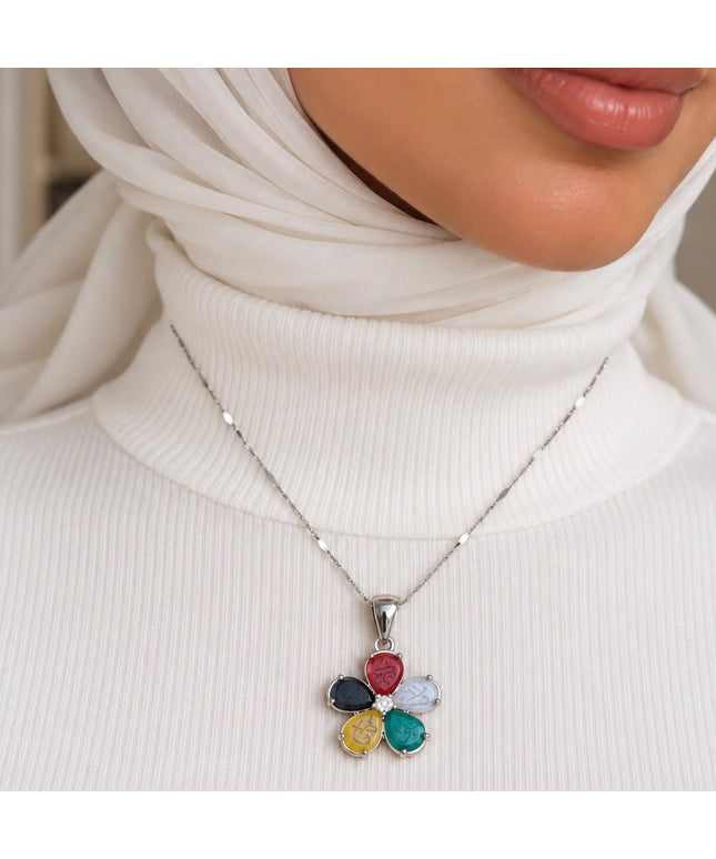 Ahul el bayt real and natural aqiq with 925 silver flower necklace