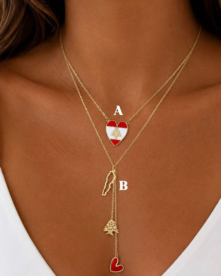 Heart Lebanon Flag & Cedar With Map Necklaces