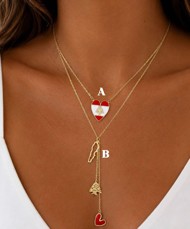Heart Lebanon Flag & Cedar With Map Necklaces