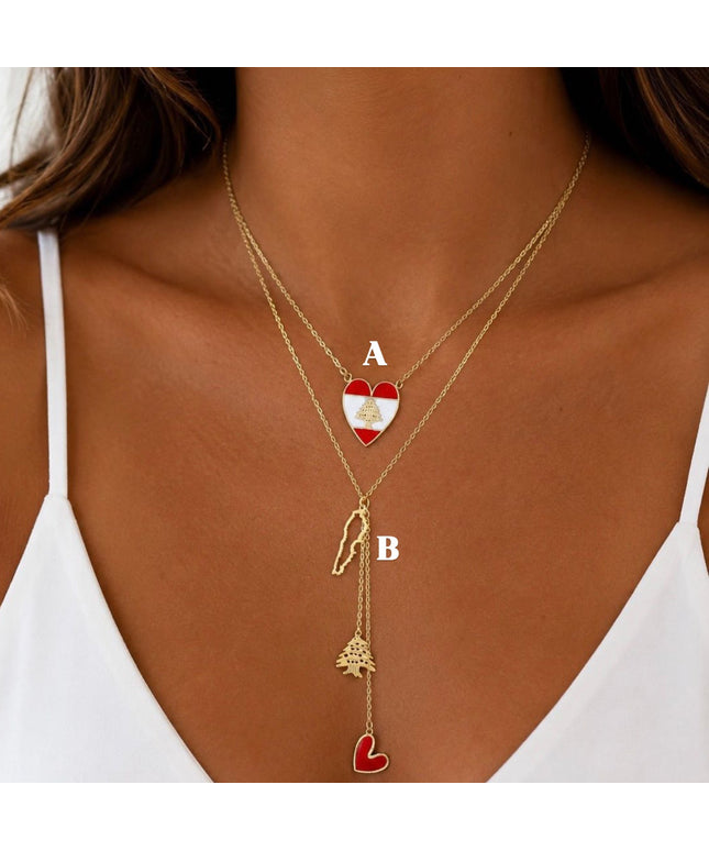 Heart Lebanon Flag & Cedar With Map Necklaces
