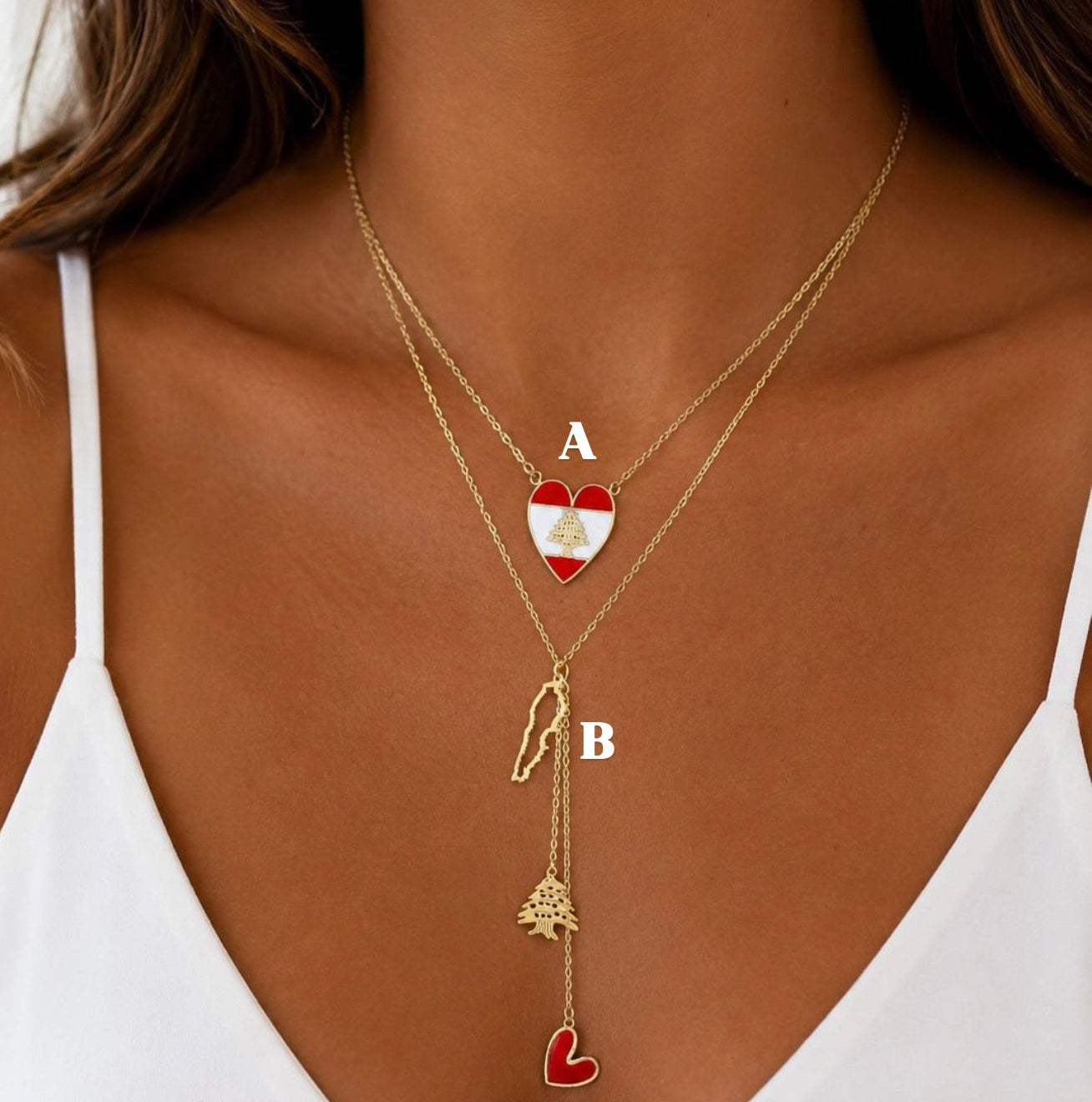 Heart Lebanon Flag & Cedar With Map Necklaces