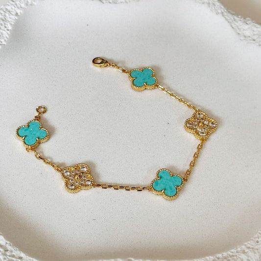 Regular size Gold plated clover bracelet in Terquaise and gold 