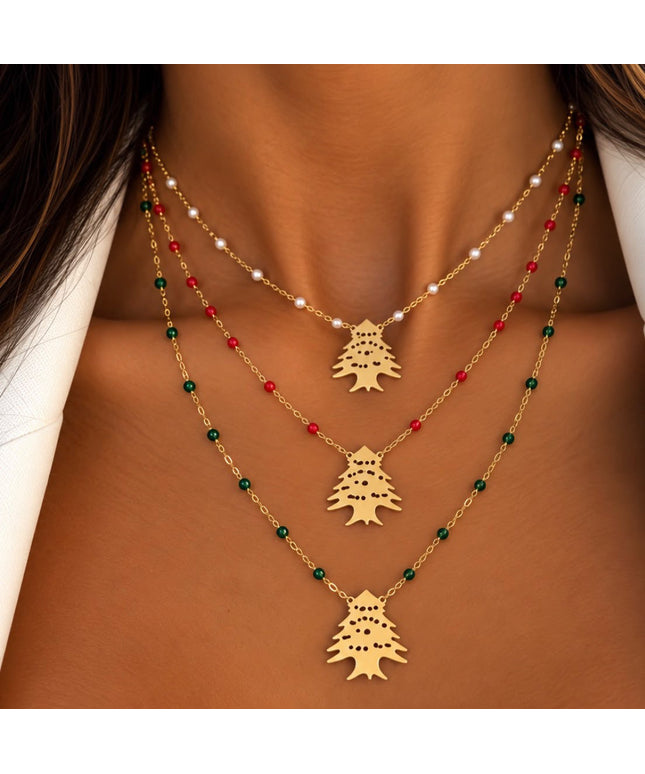 Lebanese Cedar Necklace With Color Of Lebanon Flag Beads